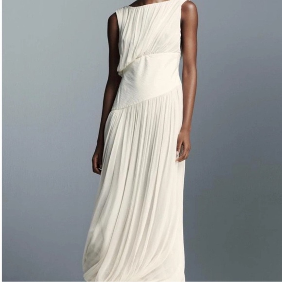 zara cream one shoulder dress Theia Zara One-Shoulder Metallic Jacquard Column Gown